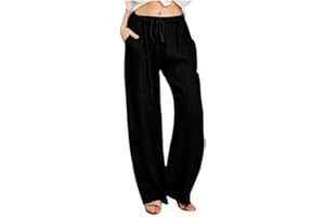 MaMiDay Linen Pants Women Vacation Casual Loose Drawsting Waist Pants Wide Leg Pants Cotton Linen Palazzo Pants with Pockets