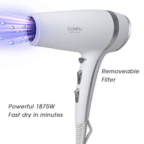 Lightweight Professional Ionic Hair Dryer CONFU 1875W Fast Drying Quiet Blow Dryer with 2 Speed 3 Heat Cool Setting Nozzle Diffuser Hairdryers Bag ETL Certified White