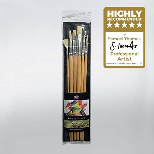 Bristle Oil Paint Brush Set - Long Handle (Wallet of 6) - by Pablo® - Natural, Hog Hair Brushes Made from High Quality Fibres (Suitable for Oil & Acrylic Painting)