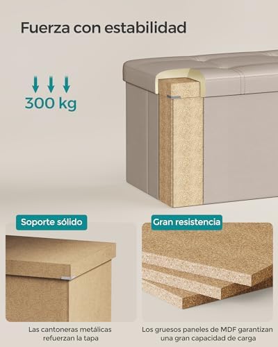 Puff Almacenaje, Baúl de Almacenaje Plegable, 38 x 110 x 38 cm, Taburete Reposapiés, Banco de Cubo, Soporta hasta 300 kg, para Sala de Estar, Dormitorio, Entrada, Marrón Camello LSF070K03