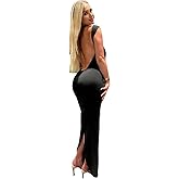 GRMLRPT Women Sexy Backless Maxi Dresses V Neck Open Back Slit Party Cocktail Long Dress