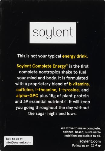 SOYLENT COMPLETE ENERGY, 15G COMPLETE PROTEIN, 15 BRAIN BOOSTING NUTRIENTS, 100MG CAFFIENE + L-THEANINE, 15% VITAMINS AND MINERALS, 11 OZ (4 PACK)