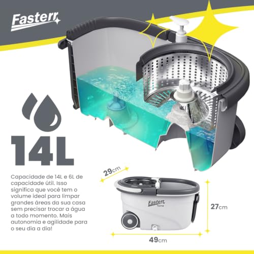 Mop Giratório 360º Fasterr FST104 Cesto em Inox 14L | Cabo Regulável até 160cm | Kit com Escova Abrasiva e Dispenser de Sabão | Limpeza Doméstica e Comercial