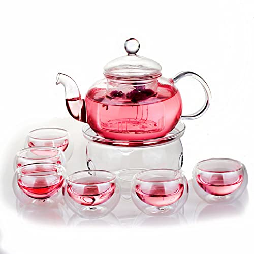 HOOPZOZA Glass Tea Maker Teapot With Filtering Glass Warmer 6 Tea Cups Set 50mL (A-set)