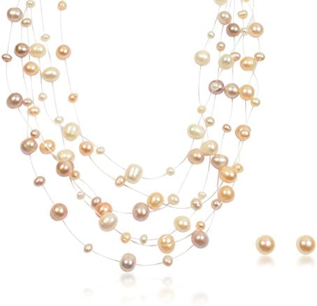 PearlsNSilver Bridal Sterling Silver Cultured Pearl Illusion Necklace Earrings 16" 18" inch 3 or 6 Strands