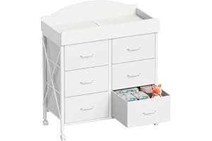 Yetom Baby Changing Table Dresser with Wheels, 6-Fabric Drawer Baby Dresser with Changing Table Top, Waterproof Diaper Changing Station & Pad, Mobile Storage Unit, Compact Baby Furniture, White