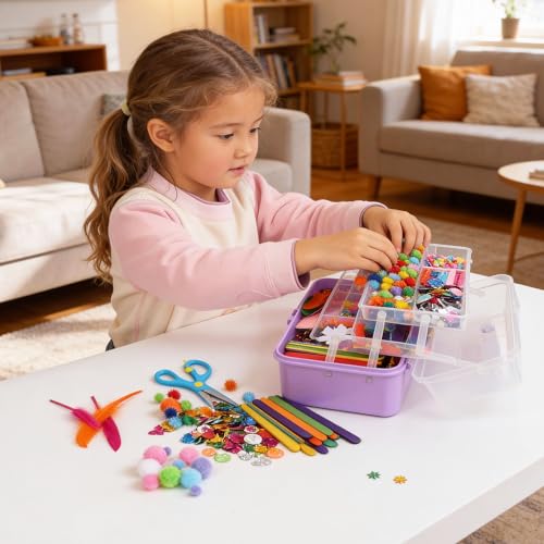 JIYANA Kit Manualidades Niños 3300+PCS, Portátil Kit Caja Manualidades, Set DIY Completo con Limpiapipas, Cuentas, Pompones y Ojos Móviles, Ideal para Niños y Niñas de 4-12 Años(Mmorado)
