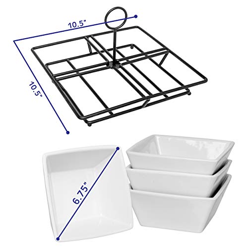 Condiment & Snack Serving Set: 4 White Stoneware Bowls with Metal Display Stand | Perfect for Appetizers, Nuts, and Candy - Thumbnail 5