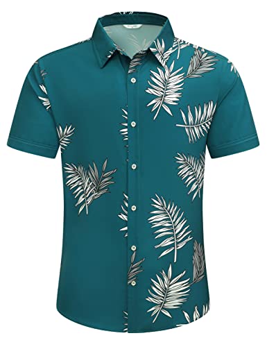 SheLucki Mens Hawaiian Shirts Short Sleeve Casual Button Down Shirts Summer Tropical Floral Beach Shirt Leaf Green 1-077 XL