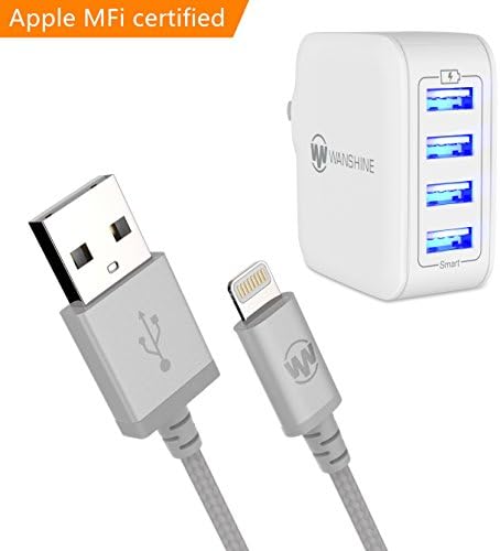 iPhone Charger, Smart Multi-Port USB Travel Wall Charger with Hidden LED Indicator Light by Wanshine (4USB White LED + Lightning Silver)