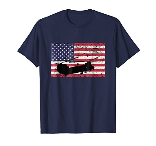 Mens Patriotic CH-47 Chinook Helicopter American flag t-shirt Small Navy