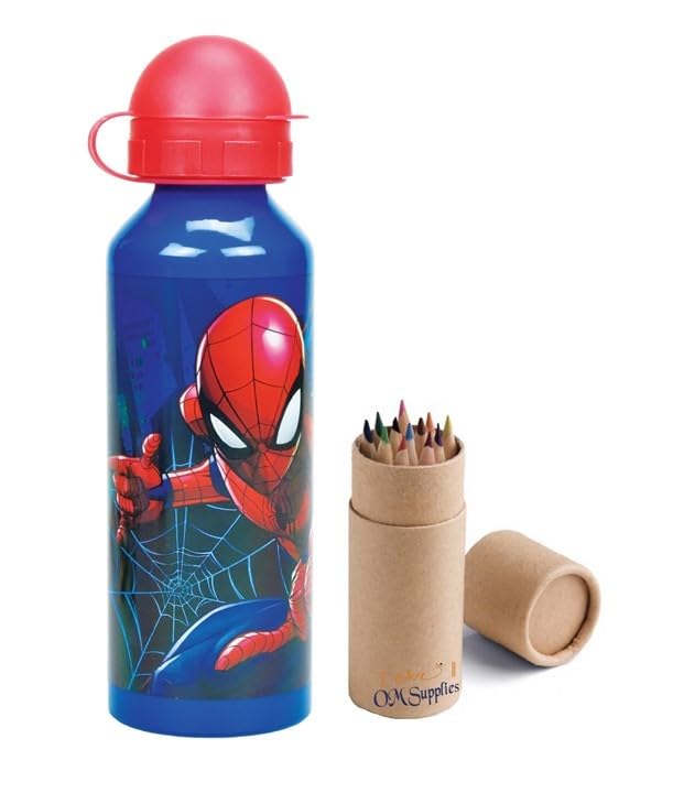 Spiderman Characters Aluminium Sports Bottle 520ml - Holiday, Back to School Water Drinking Kids Lunch Children Includes Half Size 12pcs (Spiderman)