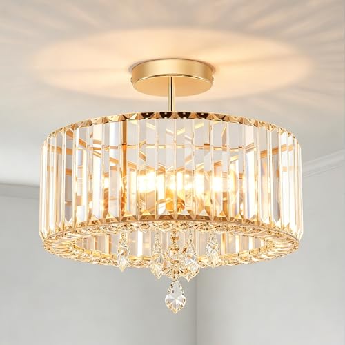 ANWIO Crystal Ceiling Light, Bedroom Glass Ceiling Lamp with 3 E27 Base, Larger Size Gold Modern Pendant Lamp, Ceiling Lights for Living Room, Kitchen, Dining Rooms (37 cm, Without Bulb)