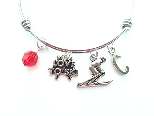 Skiing / Skier themed personalized bangle bracelet. Antique silver charms and a genuine Swarovski birthstone colored element. - Thumbnail 3