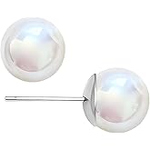 WARIDAR 8, 10, 12, 14mm White Pinkish, Warm Pale Pink Luster Faux Pearl S925 Sterling Silver Stud Earrings | Hypoallergenic Rich Radiance Round Pearl Studs | Appropriate Size Earrings for Ladies Daily Wear & Gift