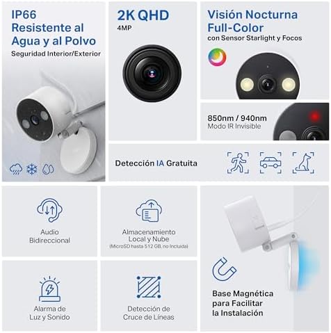 Câmera de vigilância interna e externa tapo c120-2k (4mp), base magnética, refletores duplos, até 512 gb de armazenamento local em cartão sd, ip66, compatível com alexa e google assistant