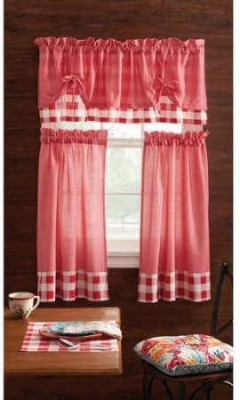 Pioneer Woman Kitchen Curtain and Valance 3pc Set, Charming Check, Red