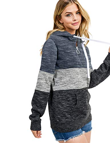 Women's Ultra Soft Fleece Tri-Color Block 1/4 Zip-Up Pullover Hoodie Sweatshirt, Marled Midnight Blue, X-Small