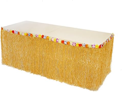 Luau Life Hawaiian Grass Table Skirt with Hibiscus Flower Trim, Plastic Clips Included for Extra Support, Perfect Luau Themed Decorations for Tiki Bars and Island Birthday Party Supplies, Natural