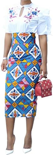 CNJFJ Womens African Print Plaid Midi Skirt Bodycon High Waist Floral Knee Length Pencil Skirts