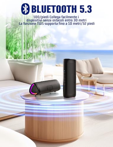 UOHHBOE Portable Bluetooth Speaker Powerful 30W Bluetooth Speaker 5.3 Pairing TWS 24 Hours Connection Distance 30 m Colourful LED Light for Hands-Free Calling AUX for Outdoor Party