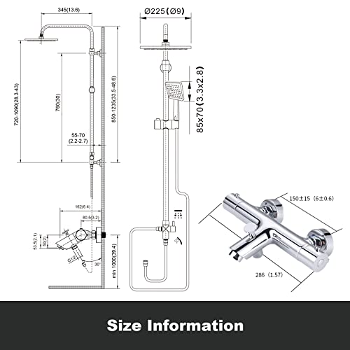 ARCORA Thermostatic Shower Column, 304 Stainless Steel Shower Column, Shower Kit Adjustable Range from 85 to 123 cm Copper Thermostatic Shower Mixer for Bathroom
