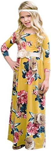 goodjinHH Baby Dress Toddler Baby Girl Kids 3/4 Sleeve Floral Pleated Casual Princess Long Maxi Dress (2-3 Years, Yellow)