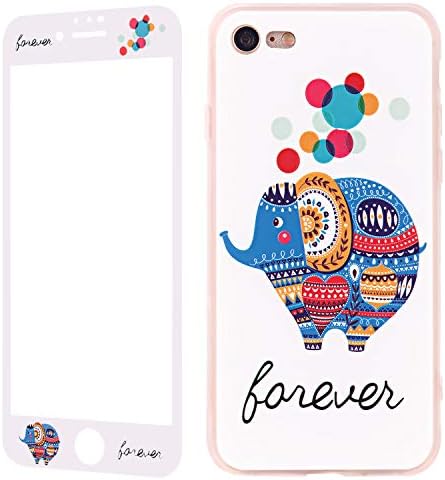 iPhone 7 Case and Screen Protectors Pattern, iPhone 8 Case Animal, Wafly Silicone Shockproof Full Protective Back Cover Case+9H Tempered Glass Film Compatible for Apple iPhone 7/8 4.7"-Elephant White