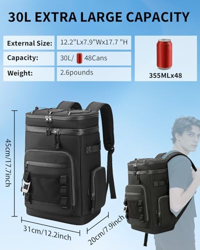 Anhow Thermal Backpack Fridge 30L, Insulated Lunch Bag Fridge Bag, Black | Waterproof isotherm and keep food hot or cold for beach, camping, picnics, barbecues, events
