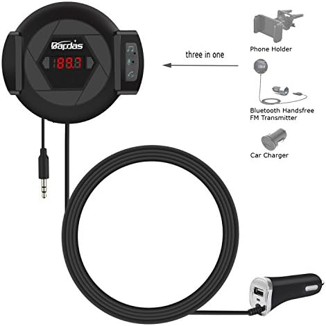 Bapdas 3 in 1 Car Bluetooth FM Transmitter Hands-Free Calling Car Kit with Aux Input Jack (3.5 mm) Phone Holder and USB 2.1A Car Charger