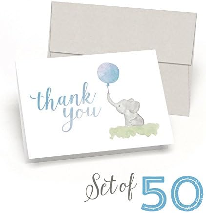 Beautiful Baby Shower Thank You Cards (Set of 50 Cards + Envelopes) - Watercolor Elephant &amp; Blue Balloon - By Palmer Street Press
