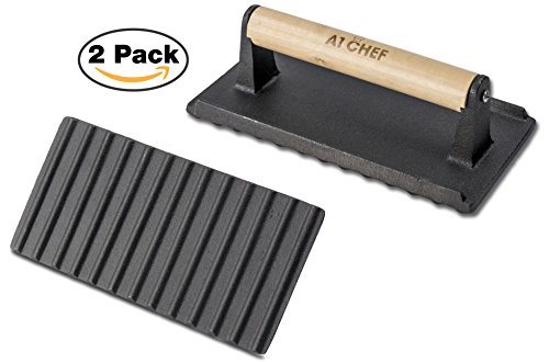 (Pack of 2) Premium Quality Rectangular Cast Iron Grill Press By A1 Chef - Pre-seasoned Barbecue BBQ Weight for Steak, Bacon, Hamburgers, Sausages