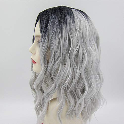 ZM Ombre Silver Wavy Short Wig Curly Wavy Shoulder Length Bob Synthetic Cosplay Wig for Women's Wigs T1B-Silver