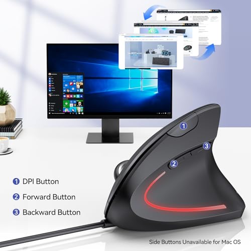 TECKNET Wired Ergonomic Mouse, 6400DPI Wired Vertical Mouse 6-Button Silent Mouse with 4 Adjustable Levels DPI, 1.5 m USB Cable Optical WiredMouse for Laptop, PC, Mac,Black