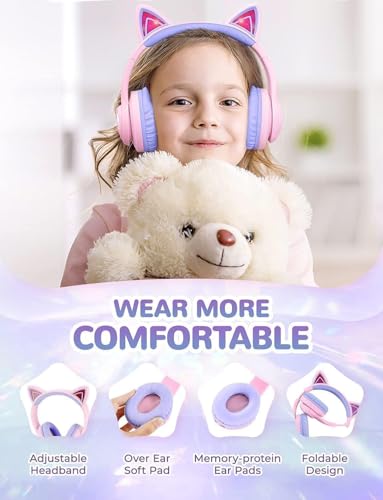 iClever BTH13 Bluetooth Kids Headphones, Cat Ear LED Light Up Wireless Kids Headphones with Volume Limited (74/85dBA), 50H Playtime, Children Headphones with MIC Over Ear for School/Tablet/PC