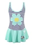 Chrysea Girls Stripe Swimwear One-piece Swimsuit with Flowers Applique (10-11 Years, Green)