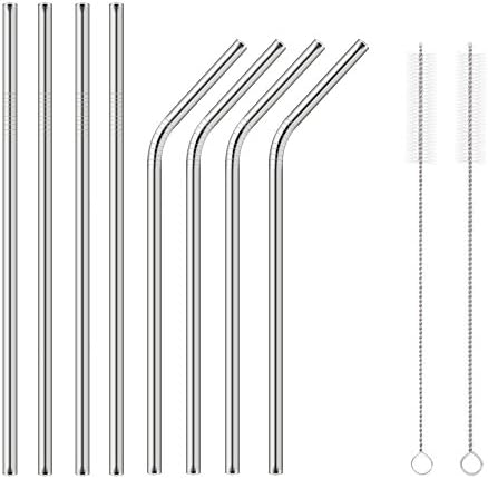 Stainless Steel Straws, SHOOYUE Set of 8 Reusable Replacement Metal Drinking Straws with 2 Cleaning Brush for Smoothie Milkshake Cocktail and Hot Drinks