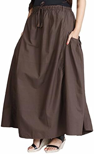 The Harem Studio Womens Girls Casual Long Skirt In A-Shape - Full Elastic Waist - 100% Cotton - 2 Falling Pockets (Brown Color)