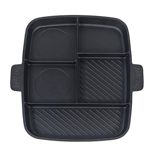 Jim Beam JB0182 Heavy Duty Construction 5-in-1 Cast Iron Skillet with Superior Heat Retention and 5 Separate Cooking Areas, 15", Black