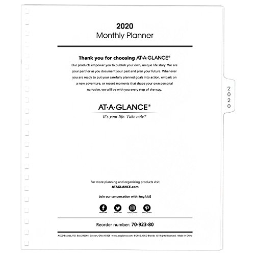 AT-A-GLANCE 2020 Monthly Planner Refill, for Planners 70-236 or 70-296, 9" x 11", Large, White (7092380)