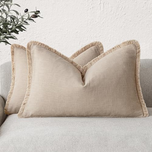 Foindtower Set de fundas de cojín de lino con flecos, 2 unidades, decorativas, estilo bohemio y rústico, con borlas, lumbar, suaves, acento para sofa, cama, hogar, 30 x 50 cm, beis tostado