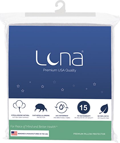 Luna Premium Hypoallergenic Bed Bug Proof Zippered Waterproof Pillow Protector (1) King Size - Made In The USA