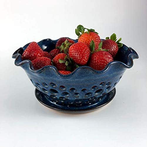 Blue Berry Bowl with Attached Saucer Handmade Pottery Handmade