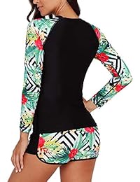 Runtlly Traje de baño de dos piezas para dama, manga larga, con protección solar, con estampado
