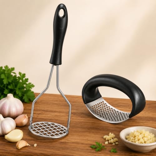 Kit Amassador de Batata + Espremedor de Alho Profissional em Aço Inox – Kit culinário premium para receitas rápidas Resistentes Fácil Limpeza Ideal para Purê Temperos e Receitas Rápidas PREMIUM