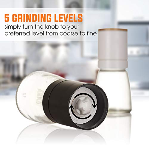 Traycon Salt And Pepper Grinder Set (2 Pc.), Black And White Cap With Wooden Lid, Glass Base/Kitchen, Dining Room Accessory/For Spices, Himalayan Pink Salt, Peppercorn/With Bonus Wooden Stand