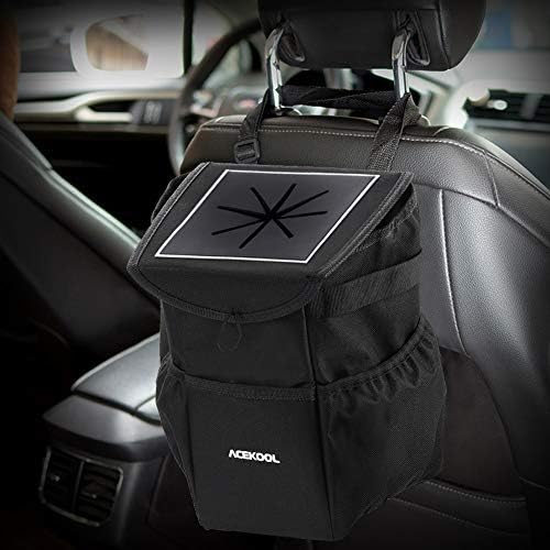 Acekool Car Trash Can with Lid and Storage Pockets,100% Leak Proof Car Trash Container Car Garbage Bag Hanging for Headrest/Gearshift/Center Console