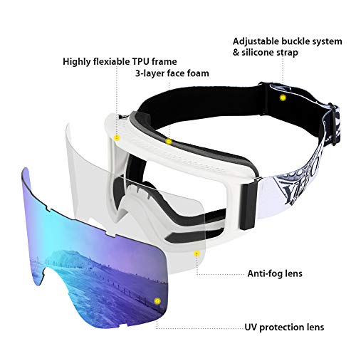 YEEONE Ski Snowboard Goggles Fit Over Glasses with Ski Mask, Anti Fog