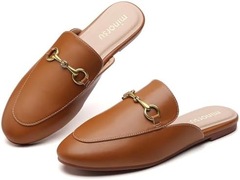 Minorsu Buckle Mules for Women Round Toe Backless Flat Mules