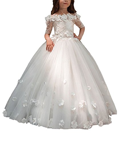 Lace Flower Girls Dresses for Wedding Off Shoulder Short Sleeves First Communion Gowns 16